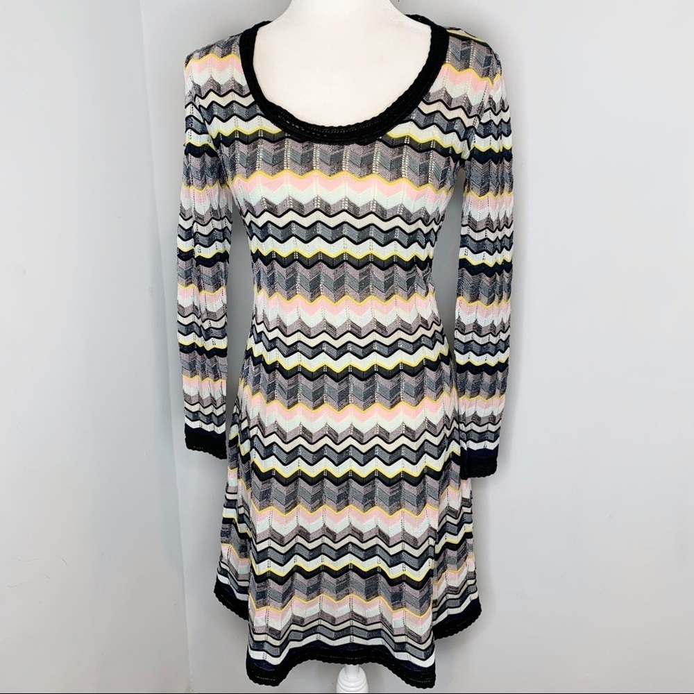 Missoni Chevron Crochet Knit Long Sleeve Fit and Flare Pink Black Yellow Dress S